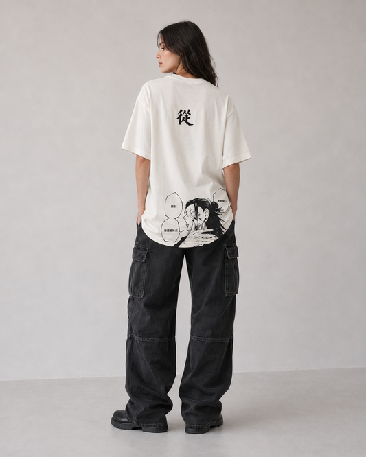 Female model wearing Suguru Geto Jujutsu Kaisen White Manga T-Shirt