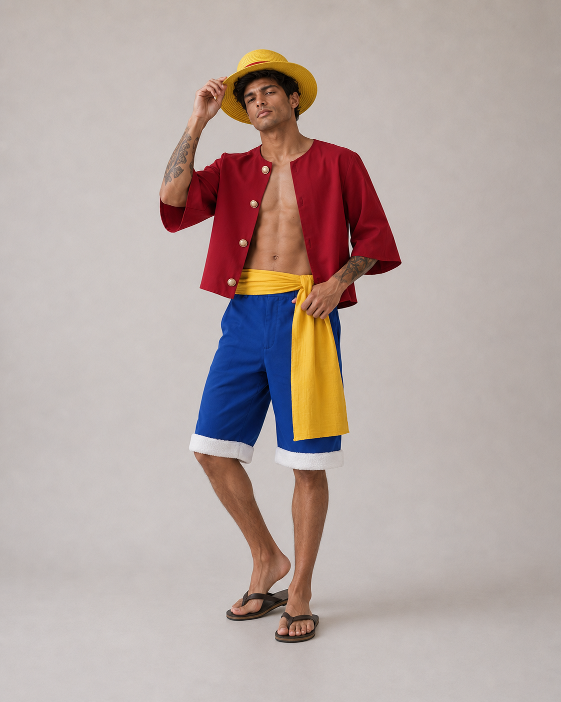 A man modeling a costume inspired by One Piece, featuring a red short-sleeve jacket with gold buttons, blue and yellow shorts with white cuffs, a yellow hat, and black flip-flops, against a neutral studio background.
