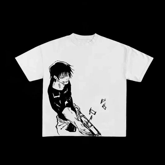White Toji Fushiguro Jujutsu Kaisen manga T-shirt with weapon artwork