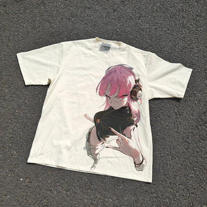 Pink Anime Girl Y2K Oversized Graphic T-Shirt front graphic product view