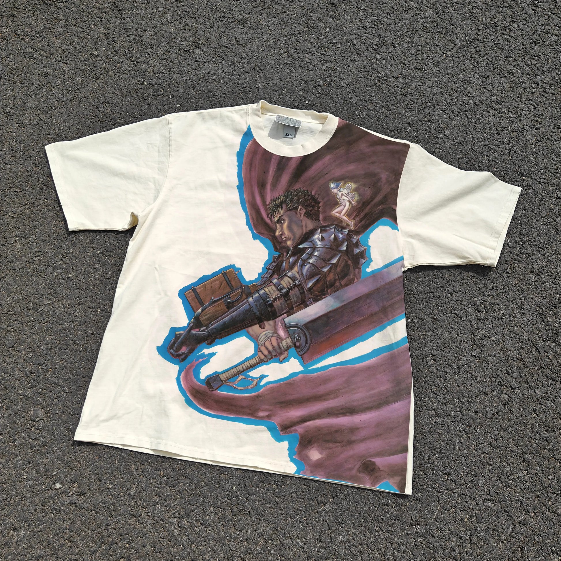 T-shirt with a graphic of a warrior holding a shield and sword on a plain background