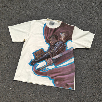 T-shirt with a graphic of a warrior holding a shield and sword on a plain background