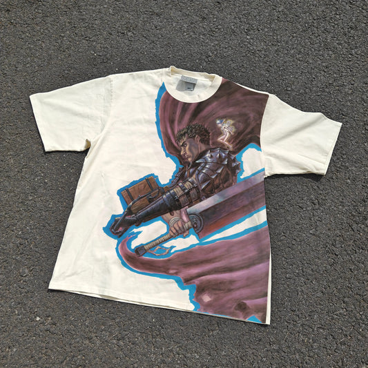T-shirt with a graphic of a warrior holding a shield and sword on a plain background