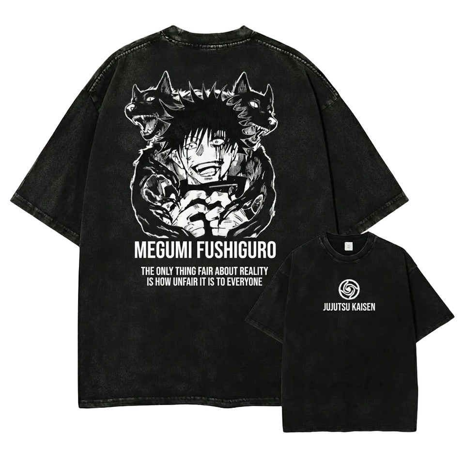 Front and back view of oversized 240 GSM vintage black acid wash tee. Front features minimalist Jujutsu Kaisen logo. Back features Megumi Fushiguro laughing with Divine Dogs and unfair reality quote