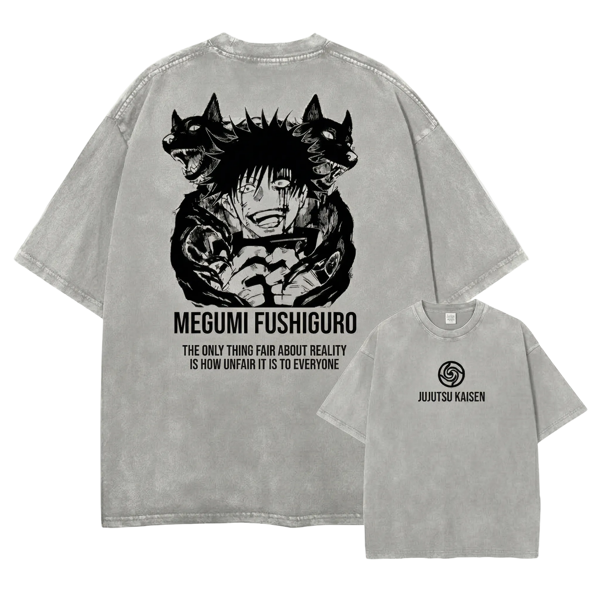 Front and back view of oversized 240 GSM vintage grey acid wash tee. Front features minimalist Jujutsu Kaisen logo. Back features Megumi Fushiguro laughing with Divine Dogs and unfair reality quote.