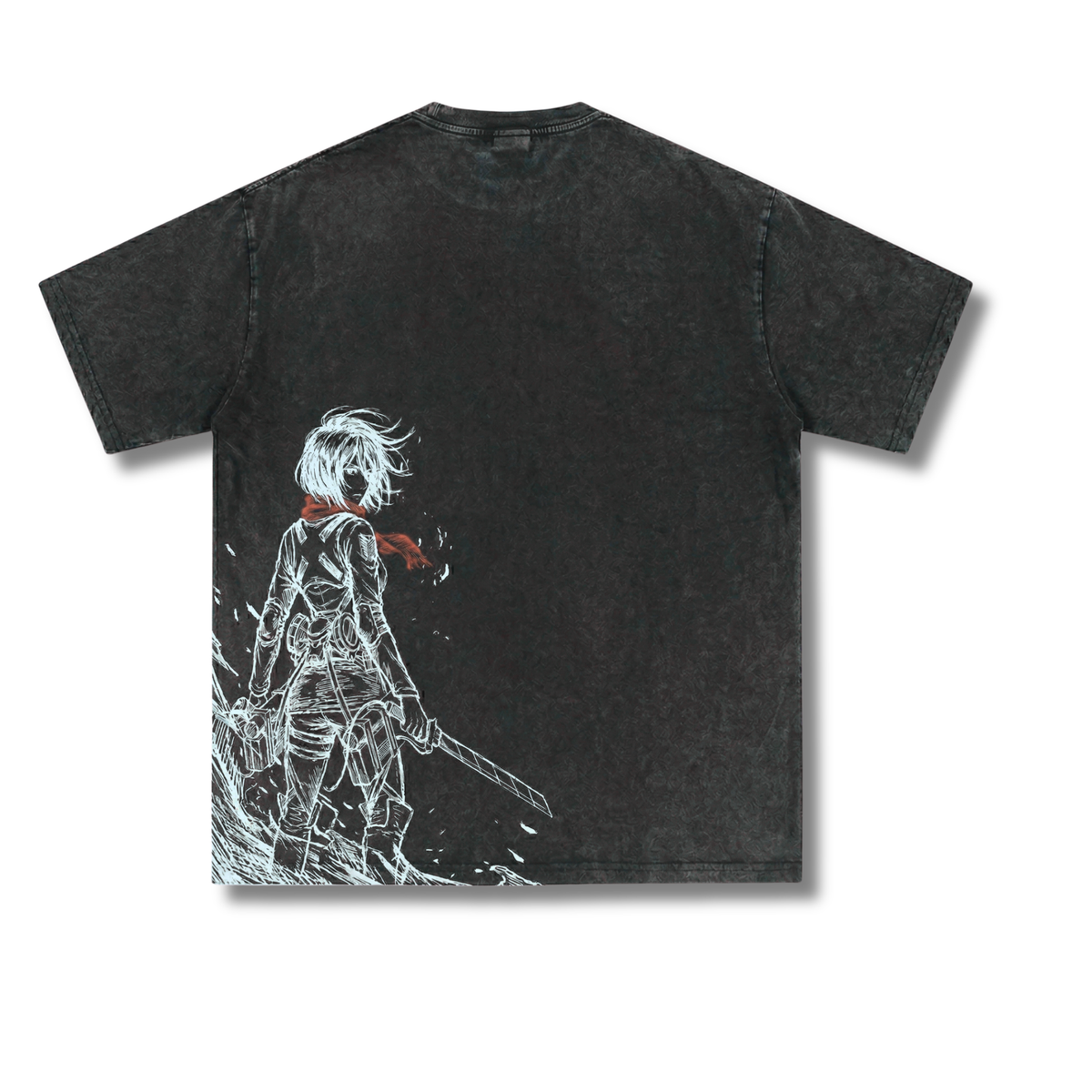 Back view of vintage black Attack on Titan t-shirt featuring lower-left asymmetrical sketch graphic of Mikasa Ackerman with glowing line art and red scarf.