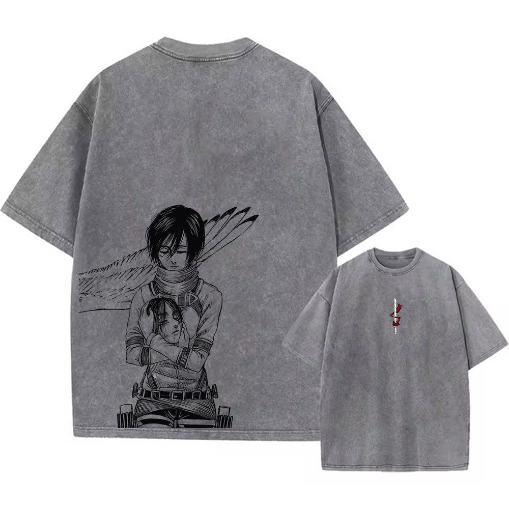 Front and back view of 240 GSM vintage grey acid wash t-shirt. Front features minimalist sword and red scarf. Back features Attack on Titan Mikasa holding Eren's head.