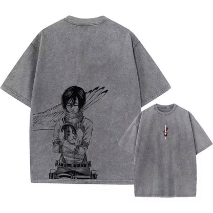 Front and back view of 240 GSM vintage grey acid wash t-shirt. Front features minimalist sword and red scarf. Back features Attack on Titan Mikasa holding Eren's head.