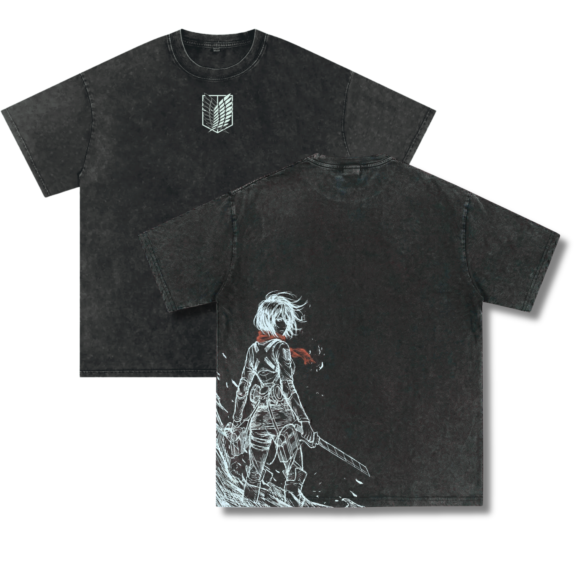 Front and back view of 240 GSM vintage black acid wash tee. Front features Survey Corps logo. Back features asymmetrical Mikasa Ackerman graphic.