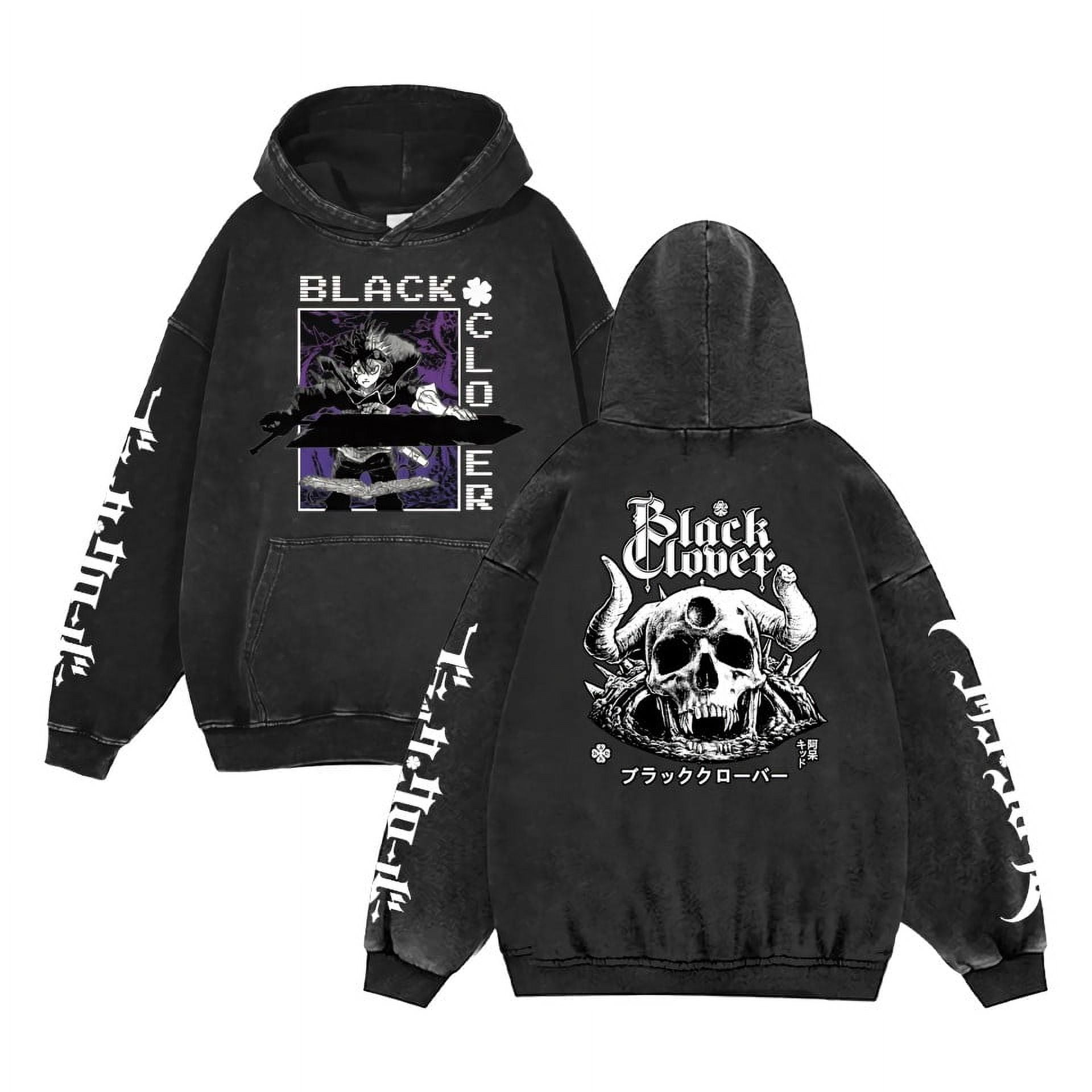 Black hoodie with 'Black Clover' design on front and back, featuring anime character and skull illustration.