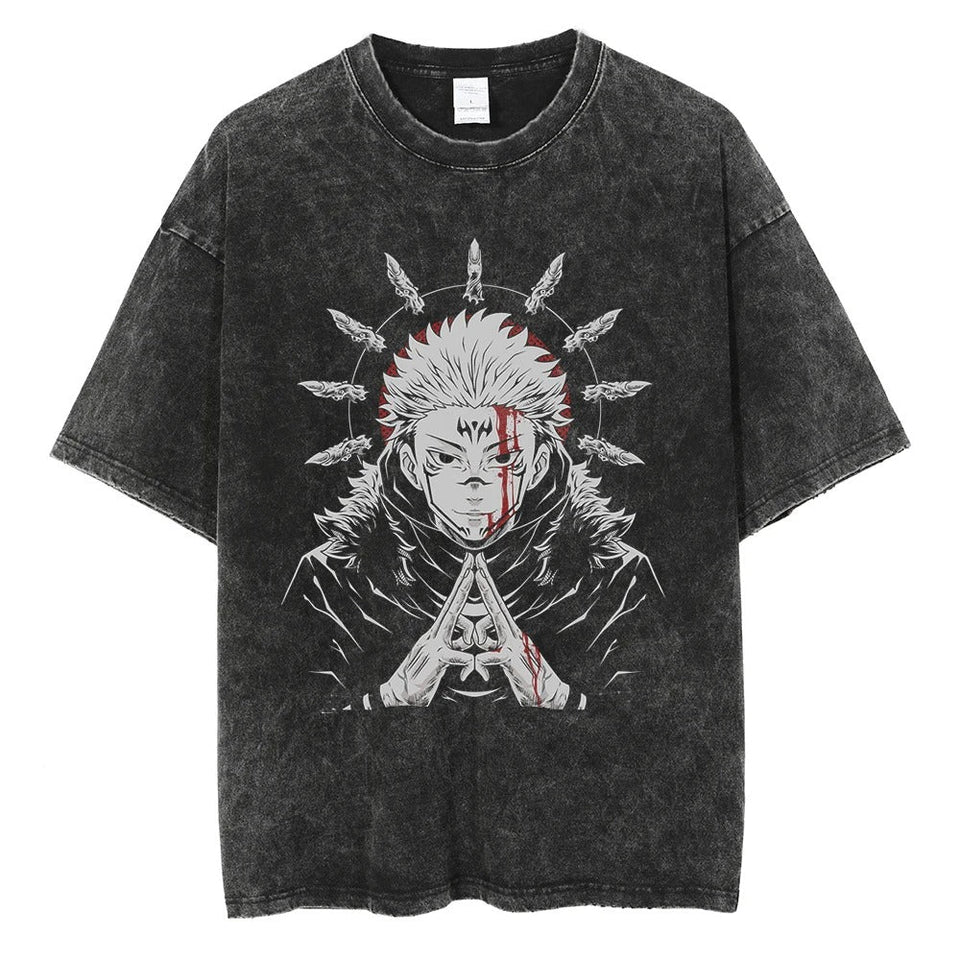 Detailed view of the Advanced DTG graphic on a 240 GSM vintage black acid wash tee, showing a bloodied Ryomen Sukuna with a halo of cursed fingers.