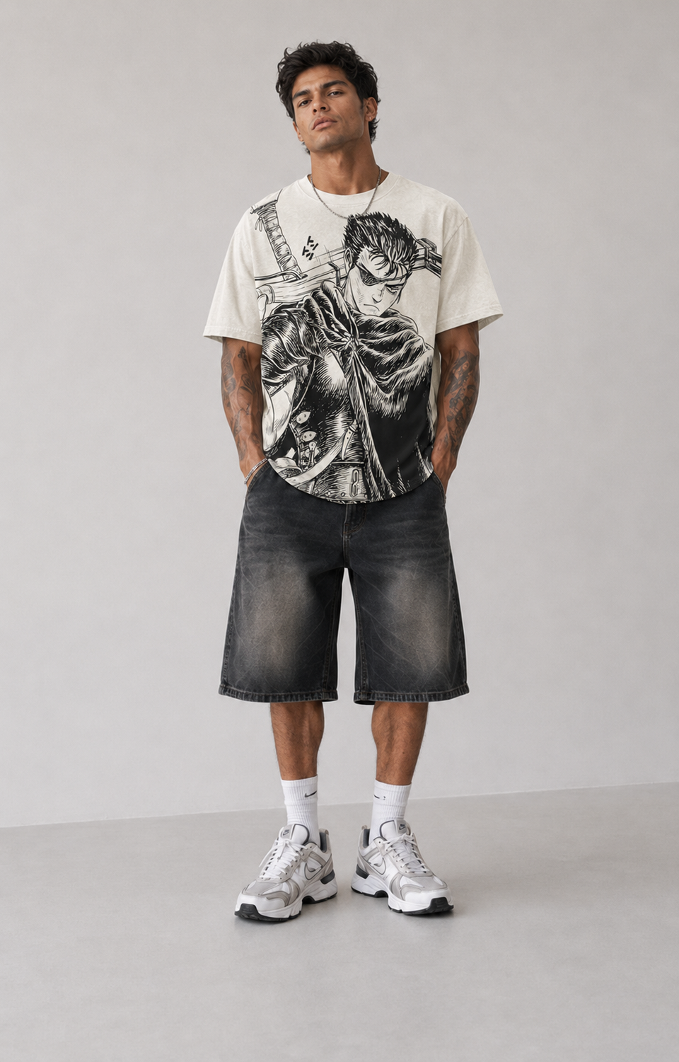 Model wearing Berserk Guts Black Swordsman Oversized T-Shirt, styled view 2