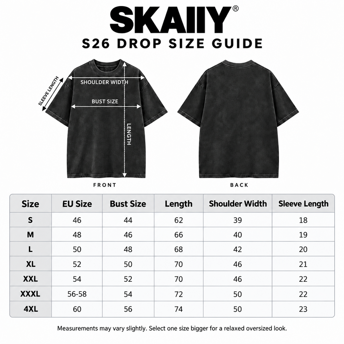SKAIIY S26 Drop size guide in CM, sizes S to 4XL, with flat chest width, length, shoulder width and sleeve length.