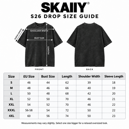 SKAIIY S26 Drop size guide in CM, sizes S to 4XL, with flat chest width, length, shoulder width and sleeve length.