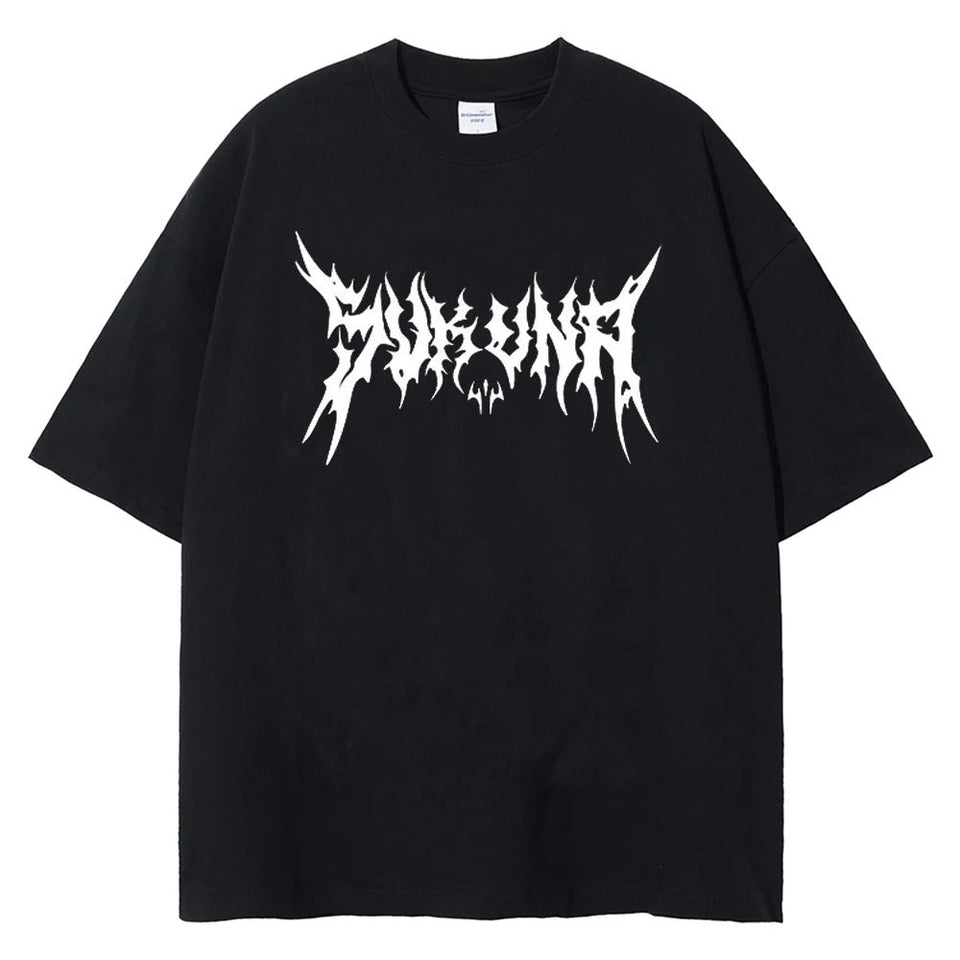 Front view of oversized 240 GSM standard black streetwear tee featuring clean, minimalist white Sukuna death-metal typography across the center chest.