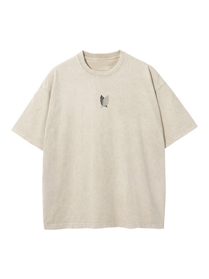 Front view of oversized 240 GSM vintage sand acid wash t-shirt featuring minimalist black Attack on Titan Survey Corps center-chest logo.
