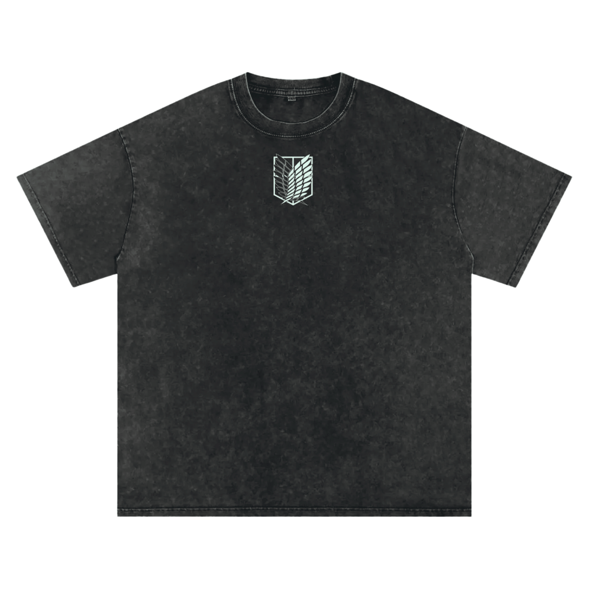 Front view of oversized 240 GSM vintage black acid wash t-shirt featuring glowing minimalist Attack on Titan Survey Corps chest logo.