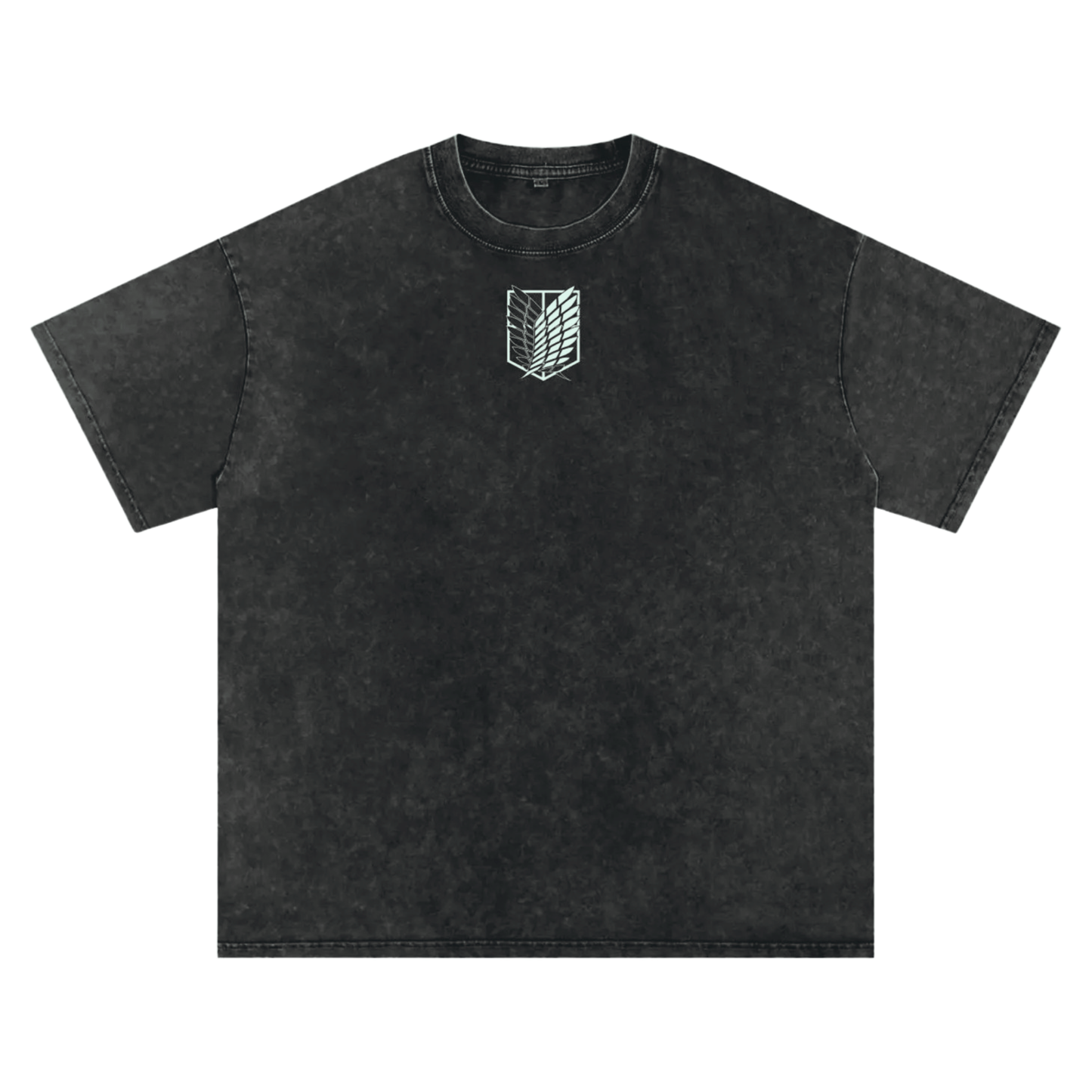 Front view of oversized 240 GSM vintage black acid wash t-shirt featuring glowing minimalist Attack on Titan Survey Corps chest logo.