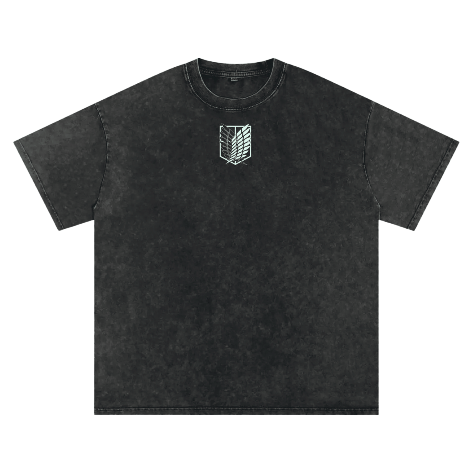 Front view of oversized 240 GSM vintage black acid wash t-shirt featuring glowing minimalist Attack on Titan Survey Corps chest logo.