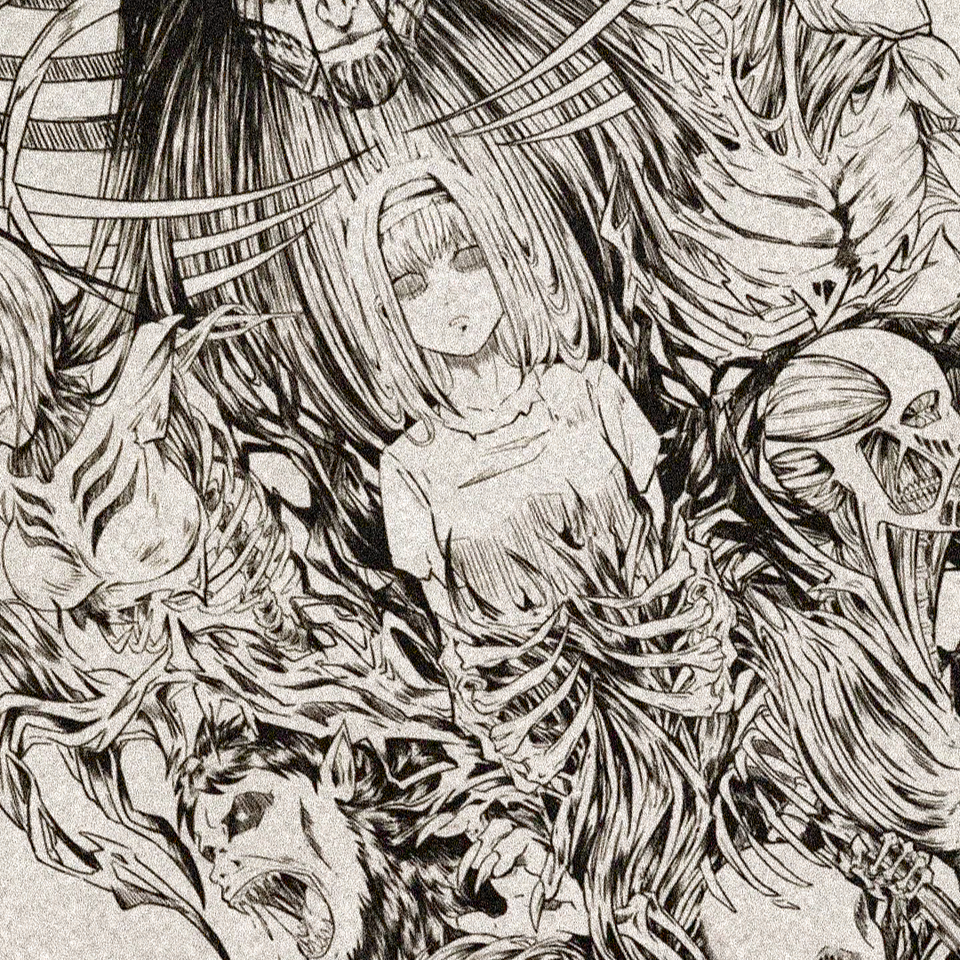 Extreme close up of highly detailed Titan Shifter and Ymir collage line art
