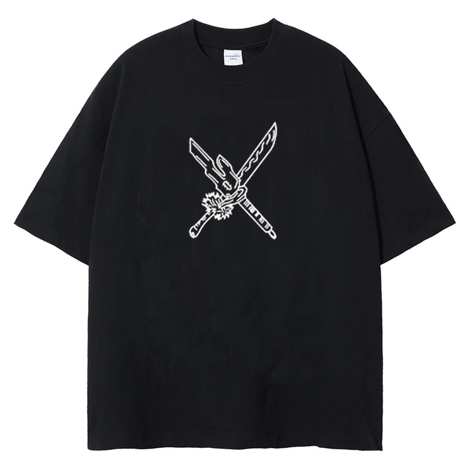 Front view of oversized 240 GSM standard black streetwear tee featuring a minimalist white graphic of crossed cursed tools, the Split Soul Katana and Inverted Spear of Heaven.