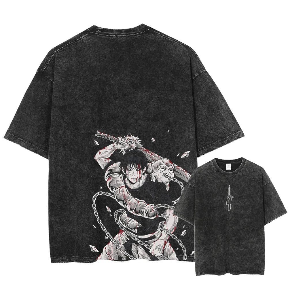 Front and back view of oversized 240 GSM vintage black acid wash streetwear tee. Front features a minimalist Inverted Spear of Heaven logo. Back features a massive, bloodied graphic of Toji Fushiguro with the Inventory Curse and Chain of a Thousand Miles.