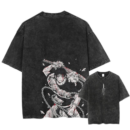 Front and back view of oversized 240 GSM vintage black acid wash streetwear tee. Front features a minimalist Inverted Spear of Heaven logo. Back features a massive, bloodied graphic of Toji Fushiguro with the Inventory Curse and Chain of a Thousand Miles.
