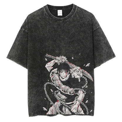 Detailed view of the Advanced DTG back graphic on a 240 GSM vintage black acid wash tee, showing Toji Fushiguro covered in blood wielding cursed tools.
