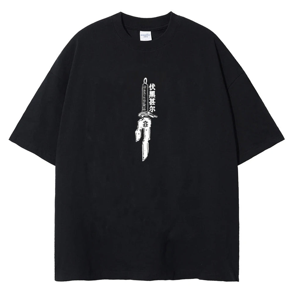 A solid black T-shirt with a graphic print of Inverted spear of toji from the anime Jujutsu Kaisen.