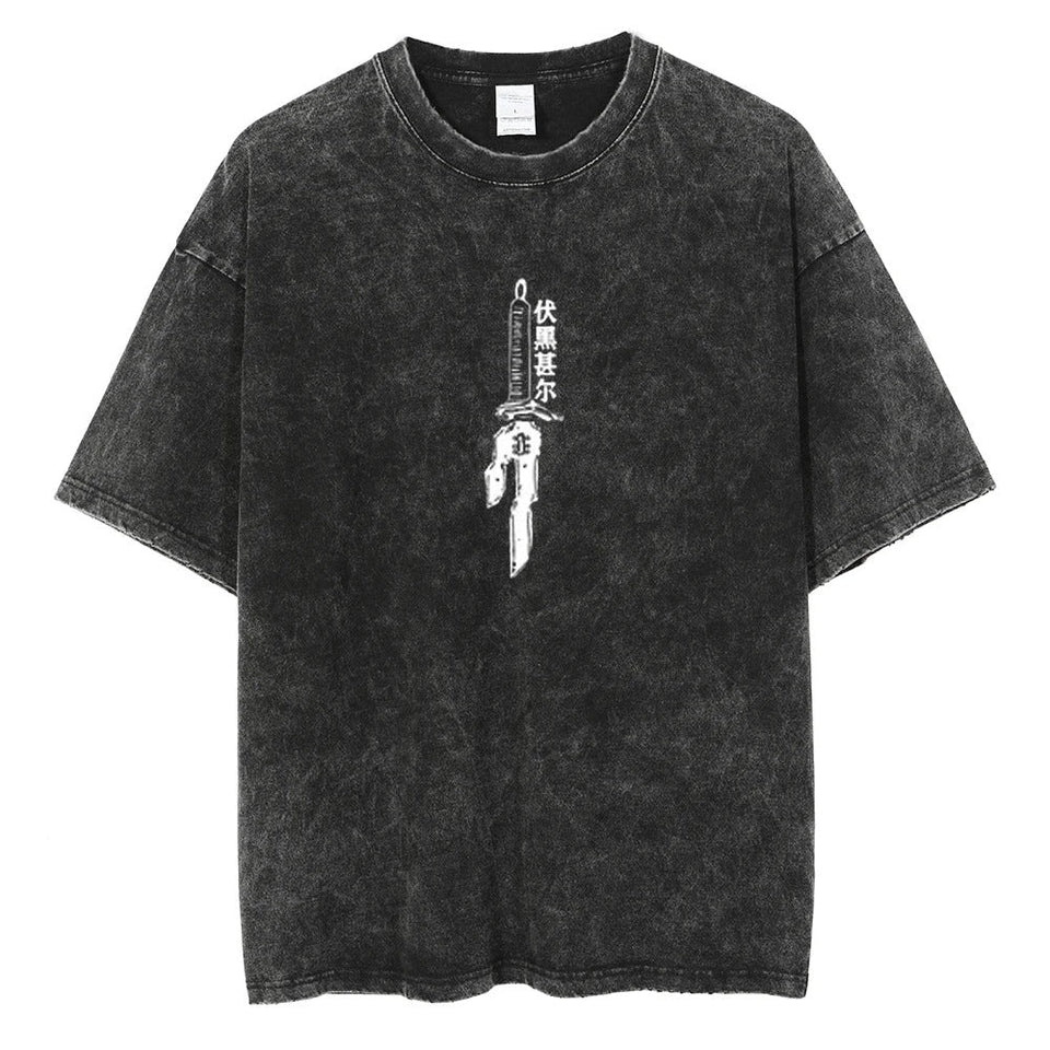 A black vintage T-shirt with a graphic print of Inverted spear of toji from the anime Jujutsu Kaisen.