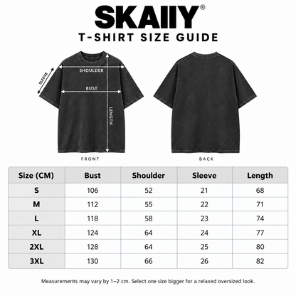 T-shirts size guide with bust, shoulder, sleeve and length measurements in centimeters