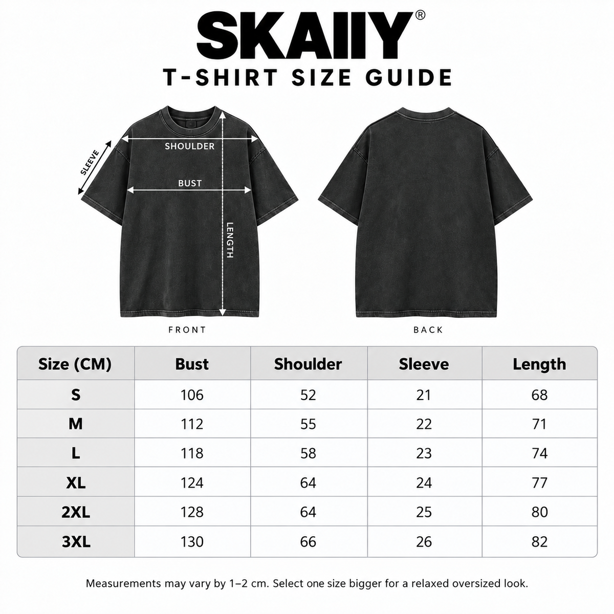 T-shirts size guide with bust, shoulder, sleeve and length measurements in centimeters
