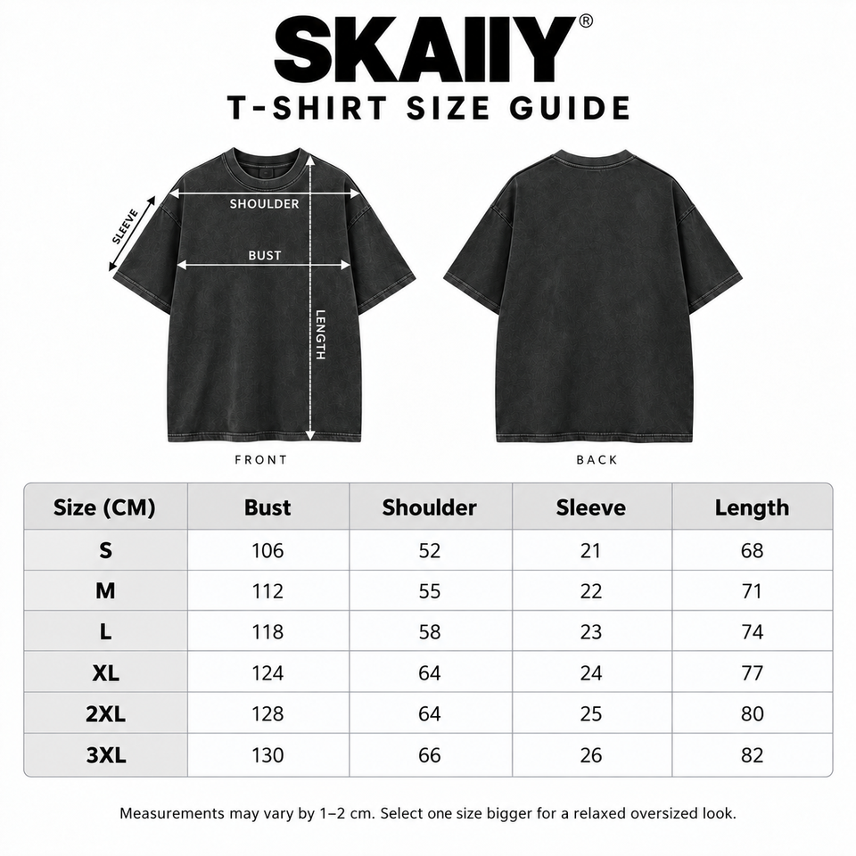 T-shirts size guide with bust, shoulder, sleeve and length measurements in centimeters