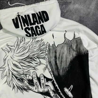 Angled close-up of the high-contrast black ink Thorfinn graphic on a premium white cotton SkaiiyPrints hoodie.