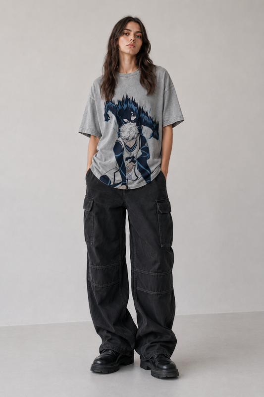 Female model wearing Blue Lock Nagi Blue Aura Y2K Oversized T-Shirt