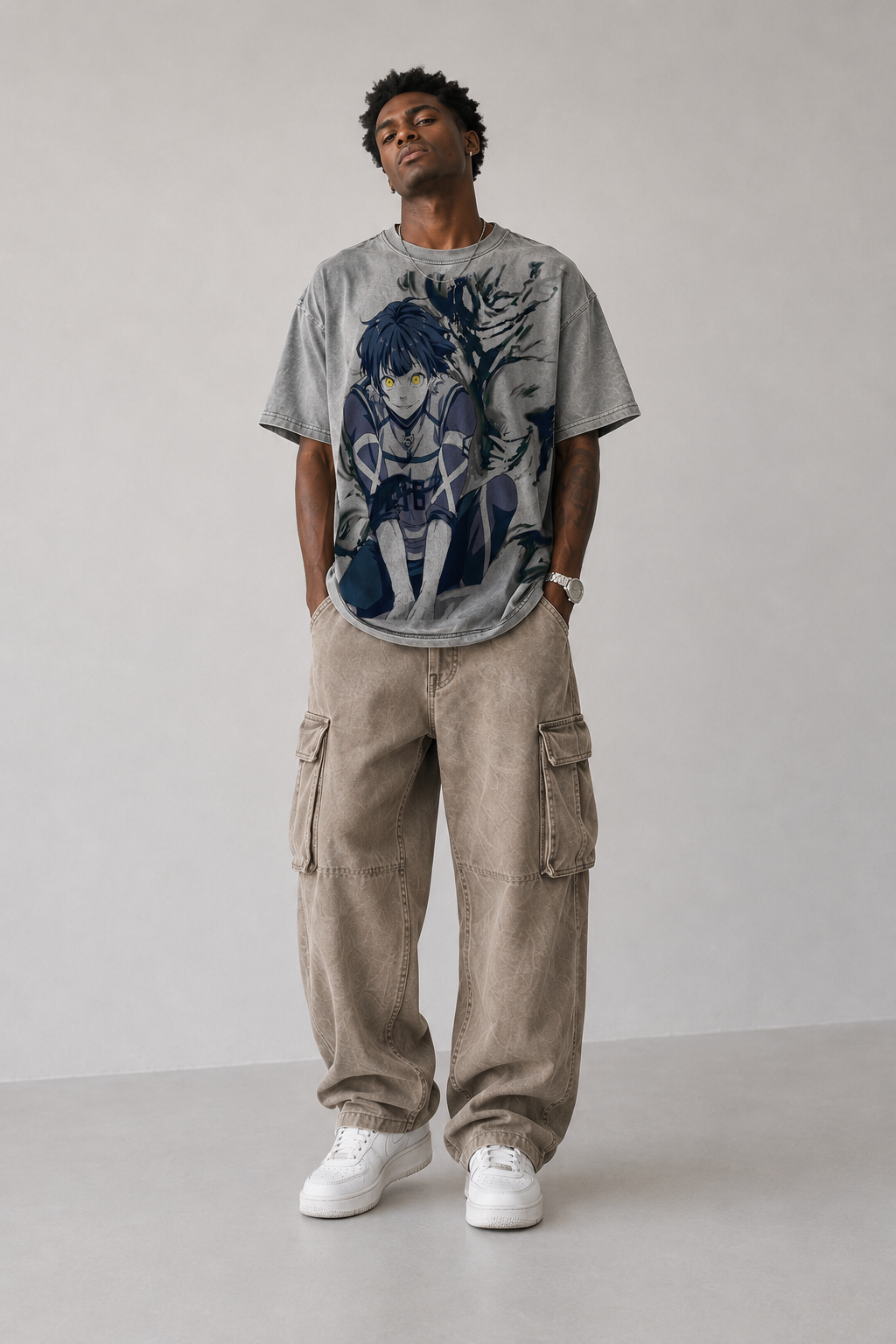Male model wearing Bachira Meguru Blue Lock vintage oversized T-shirt