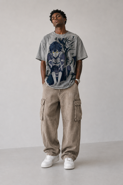 Male model wearing Bachira Meguru Blue Lock vintage oversized T-shirt