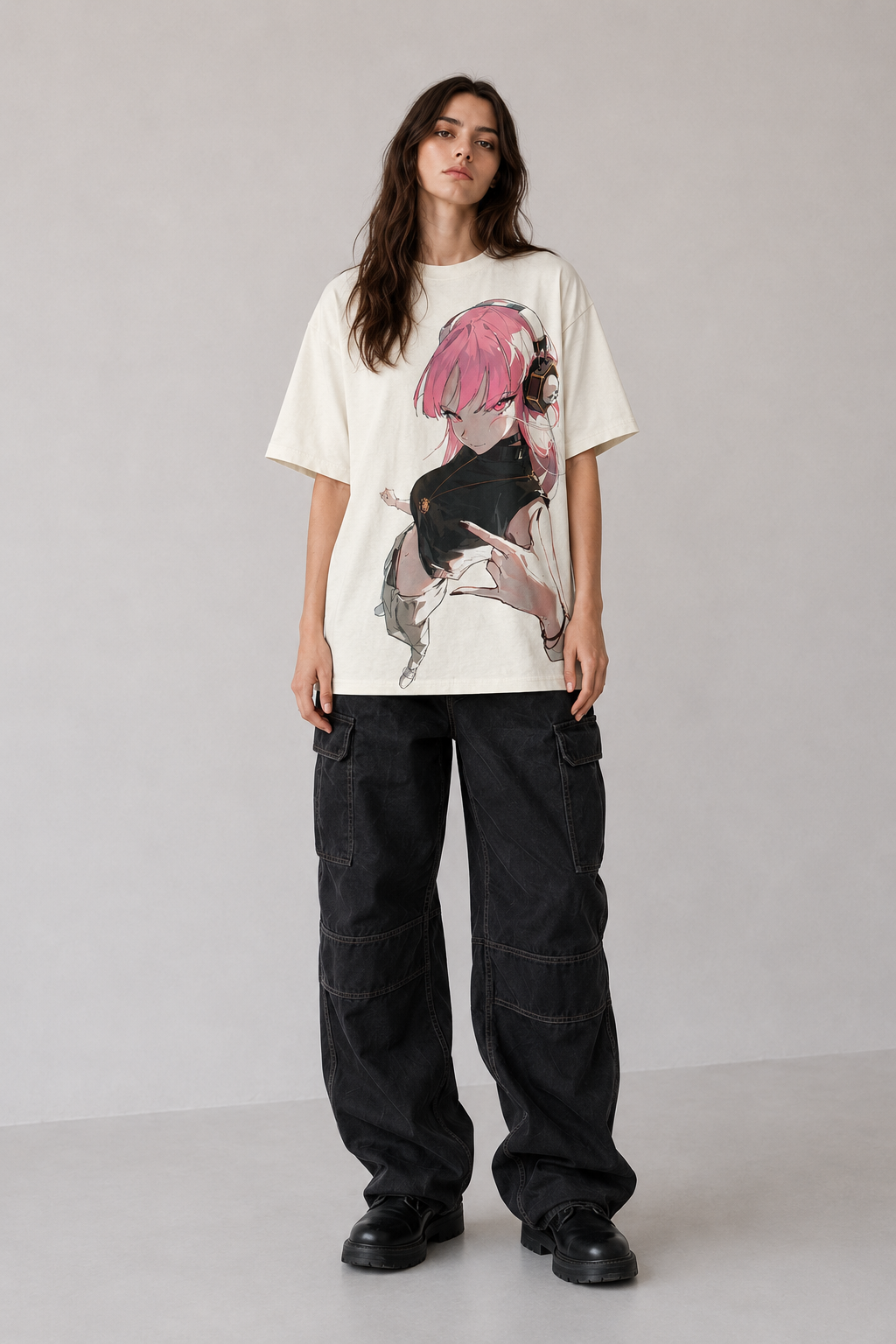 Female model wearing Pink Anime Girl Y2K Oversized Graphic T-Shirt