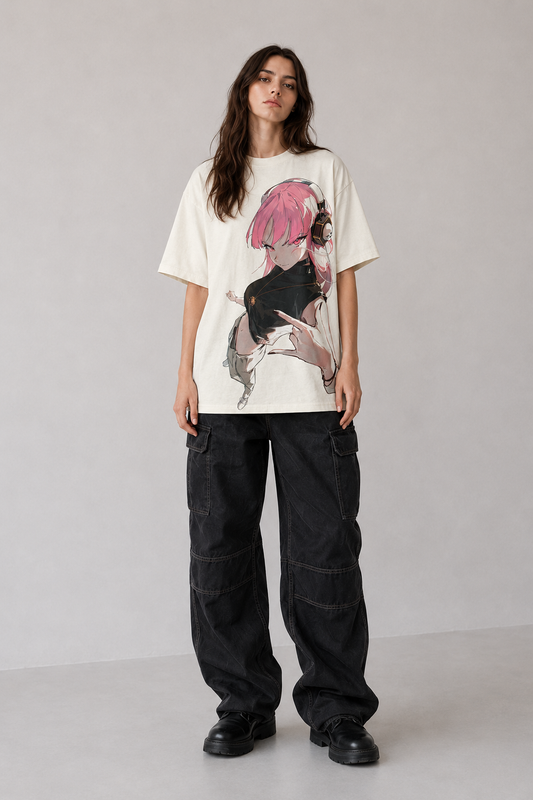 Female model wearing Pink Anime Girl Y2K Oversized Graphic T-Shirt