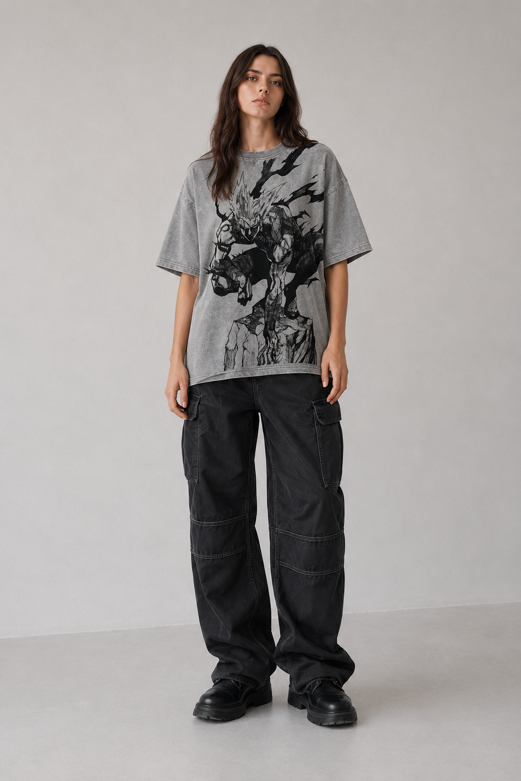 Female model wearing Garou One Punch Man vintage oversized T-shirt