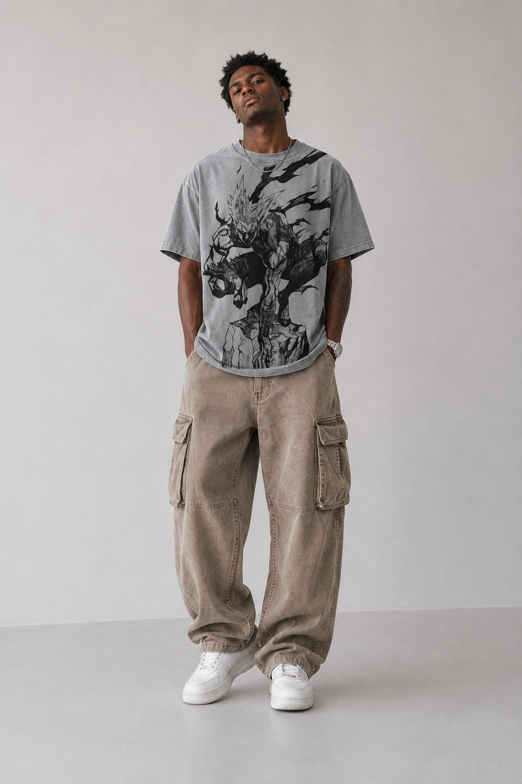 Male model wearing Garou One Punch Man vintage oversized T-shirt
