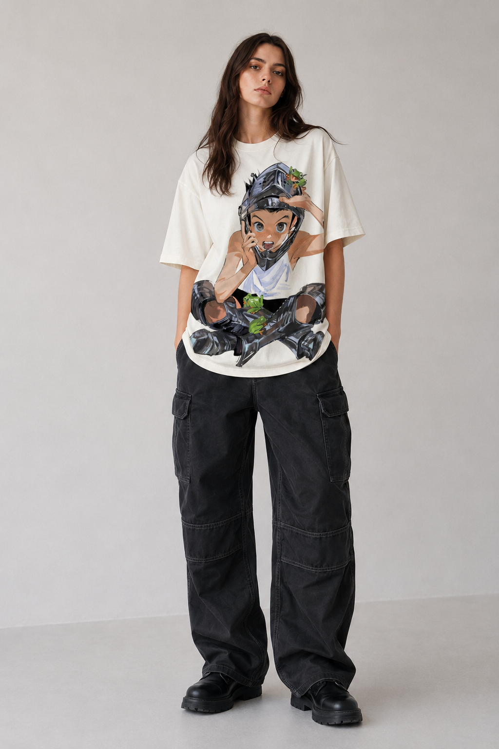 Female model wearing Gon Freecss Hunter x Hunter Y2K Oversized T-Shirt