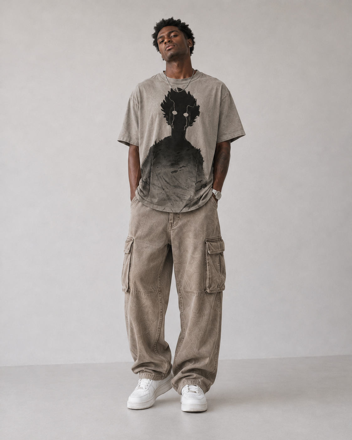 Male model wearing the Mob Psycho 100 Shigeo Kageyama vintage grey oversized T-shirt