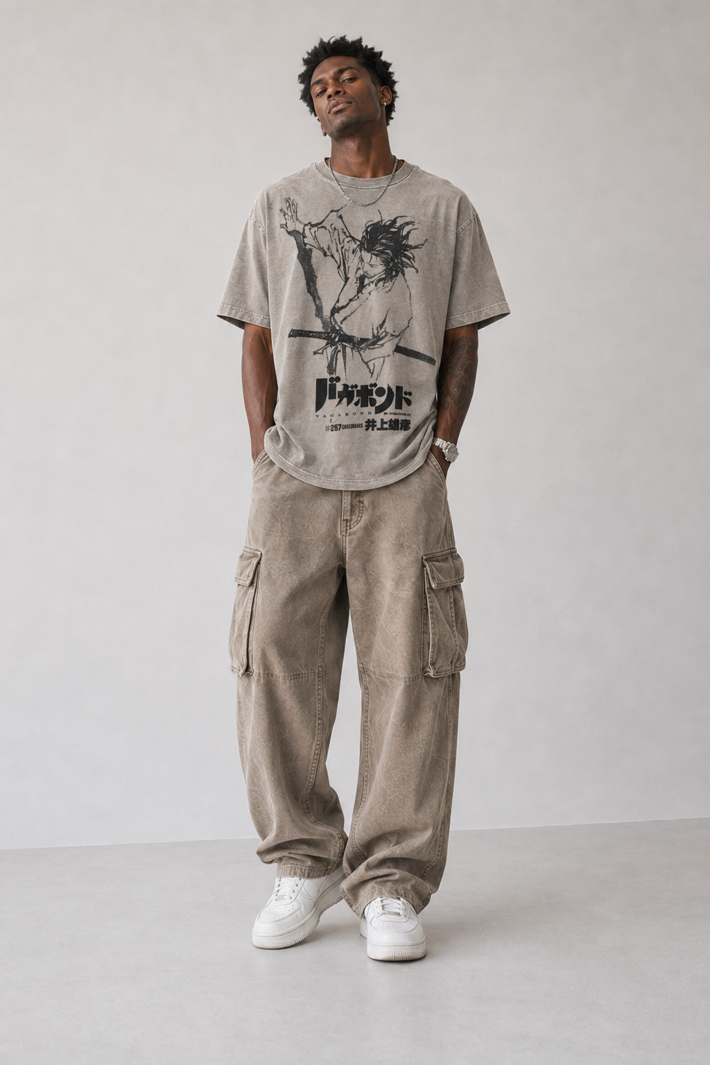Male model wearing Musashi Miyamoto Vagabond vintage oversized T-shirt