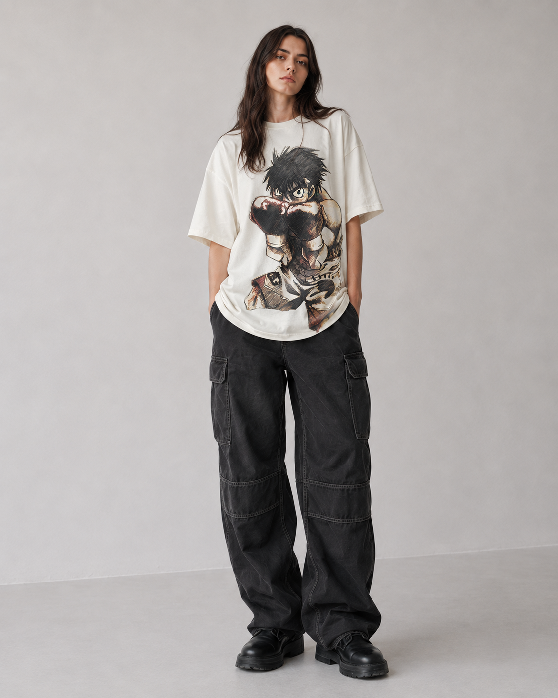 Female model wearing Ippo Makunouchi Hajime no Ippo oversized T-shirt