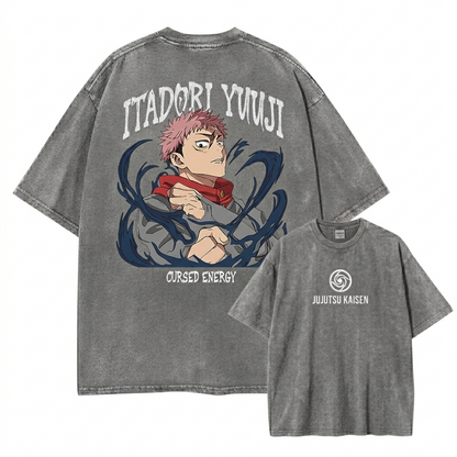 Front and back view of oversized 240 GSM vintage grey acid wash tee. Front features minimalist Jujutsu Kaisen logo. Back features Yuji Itadori charging dark cursed energy with gothic typography.