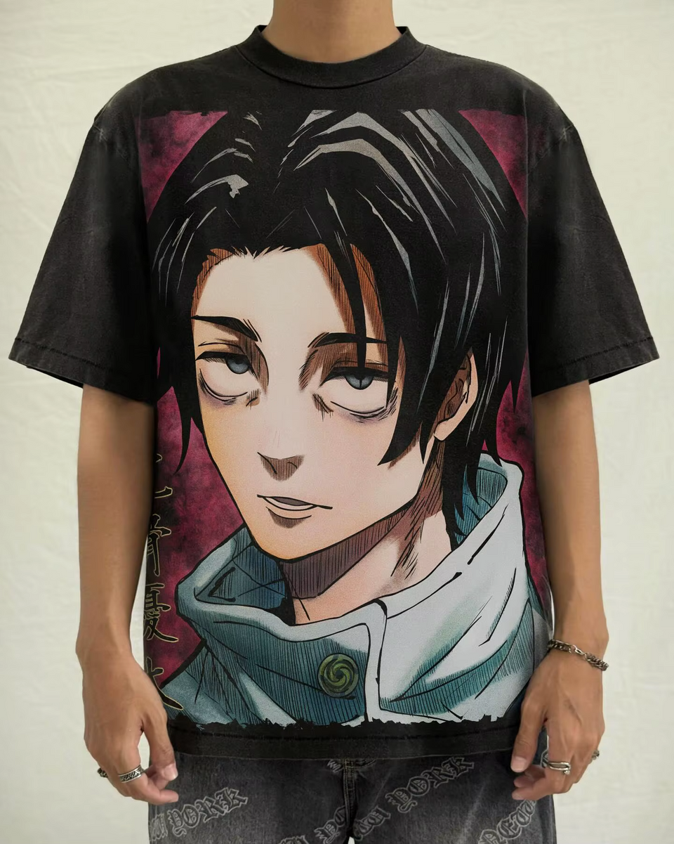 Model wearing a premium vintage wash black Yuta Okkotsu Jujutsu Kaisen graphic t-shirt by Skaiiy